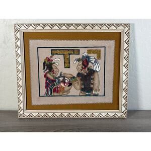 Mayan Pyrography/ Painting on Suede Leather Professionally Frames Exce Condition